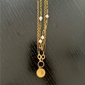 Mixed Chain Pearl and Coin Layered Necklace gold